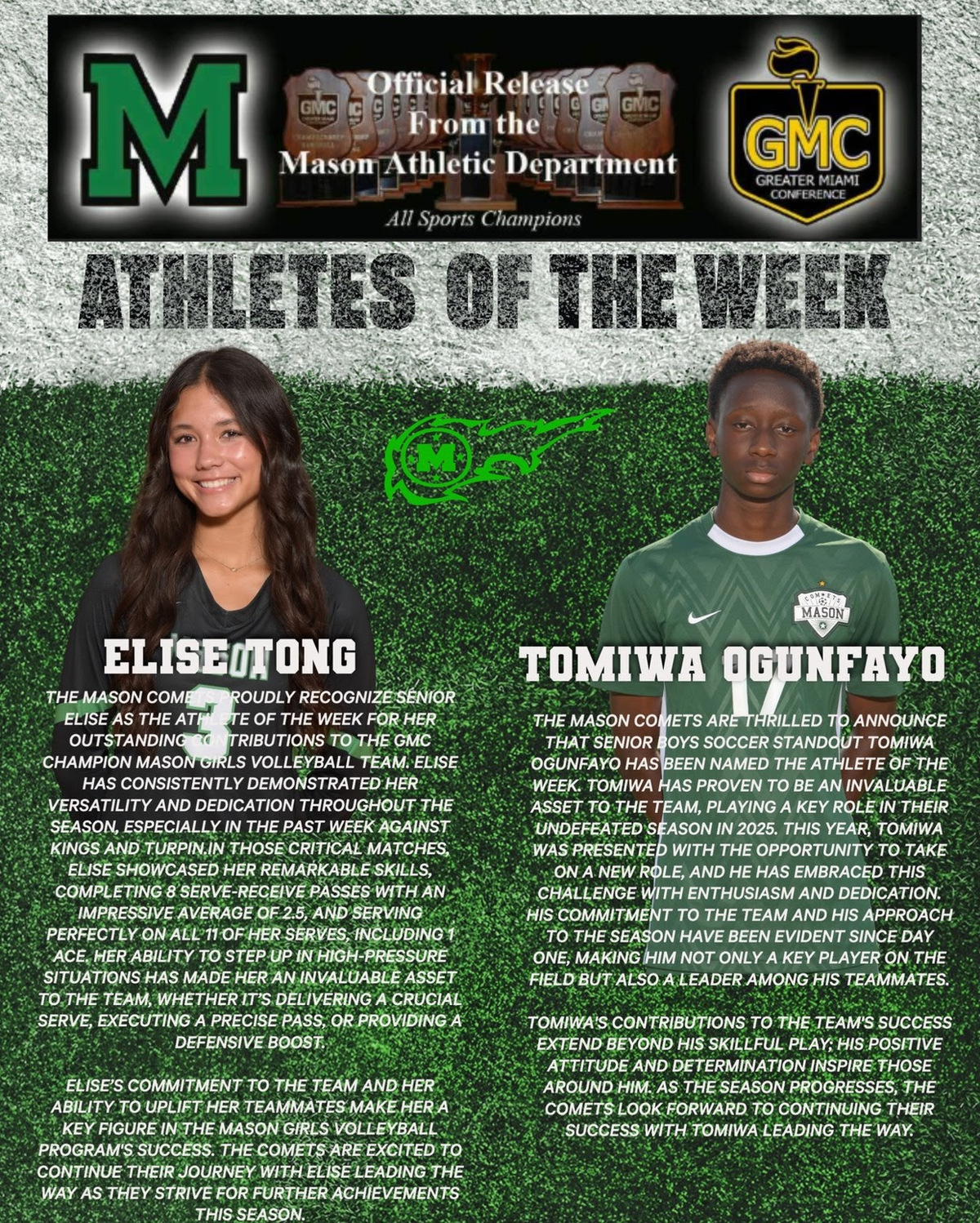 Mason High School seniors Elise Tong and Tomiwa Ogunfayo have been recognized as this week’s Athletes of the Week!